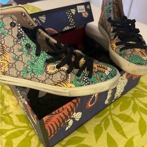 Gucci Beige Monogram High-Top Sneakers with Green & Orange Tiger Print